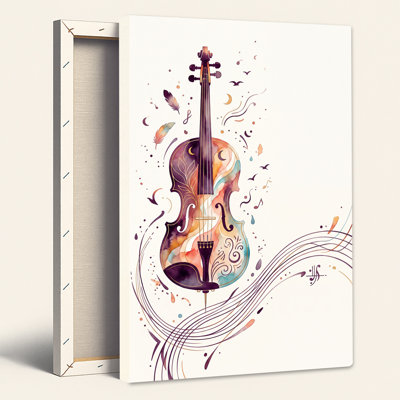 Tableau mural sur toile représentant un violon à l'aquarelle coloré avec des notes de musique et des plumes