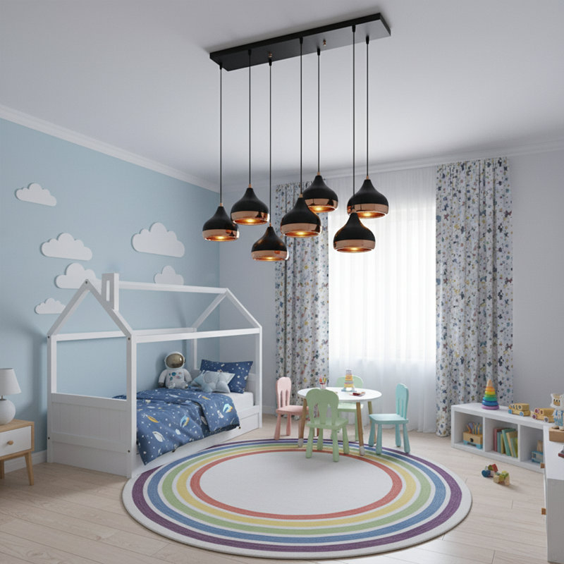 Lustre en grappe moderne à 7 lumières avec finition noire et cuivre