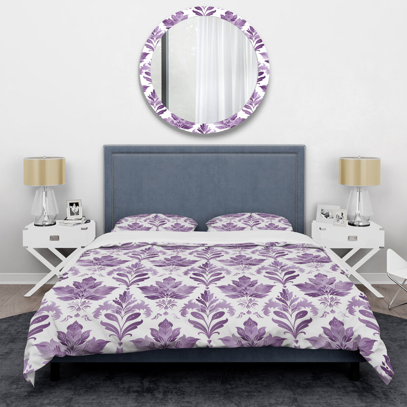 Ensemble de housse de couette mauve et blanc à motif damassé de fleurs I - Glam