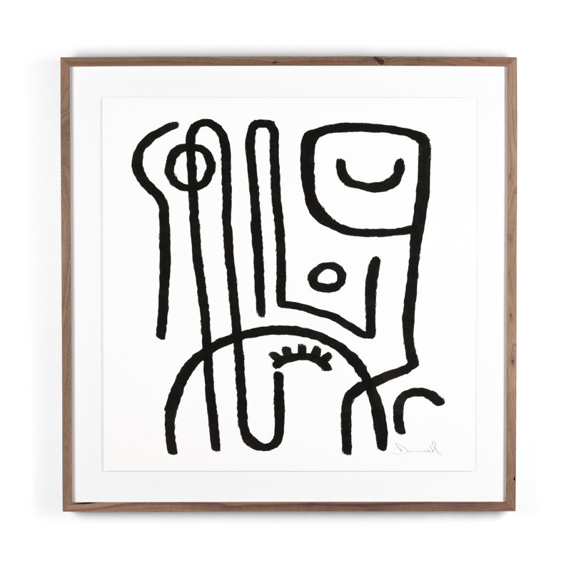Modern Black and White Abstract Canvas Painting with Walnut Frame
