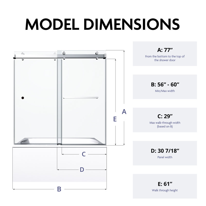 56" - 60" W x 65” H Frameless Double Sliding Tub Glass Shower Doors |3/8" Thickened Clear Tempered Glass | Leak-Proof Precision | Durable Stainless-Steel Hardware | Easy Clean Glass