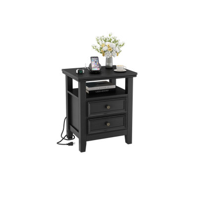 Farmhouse Nightstand With 2 Drawers Wood Besides Table With Charging Station End Table For Bedroom, Living Room