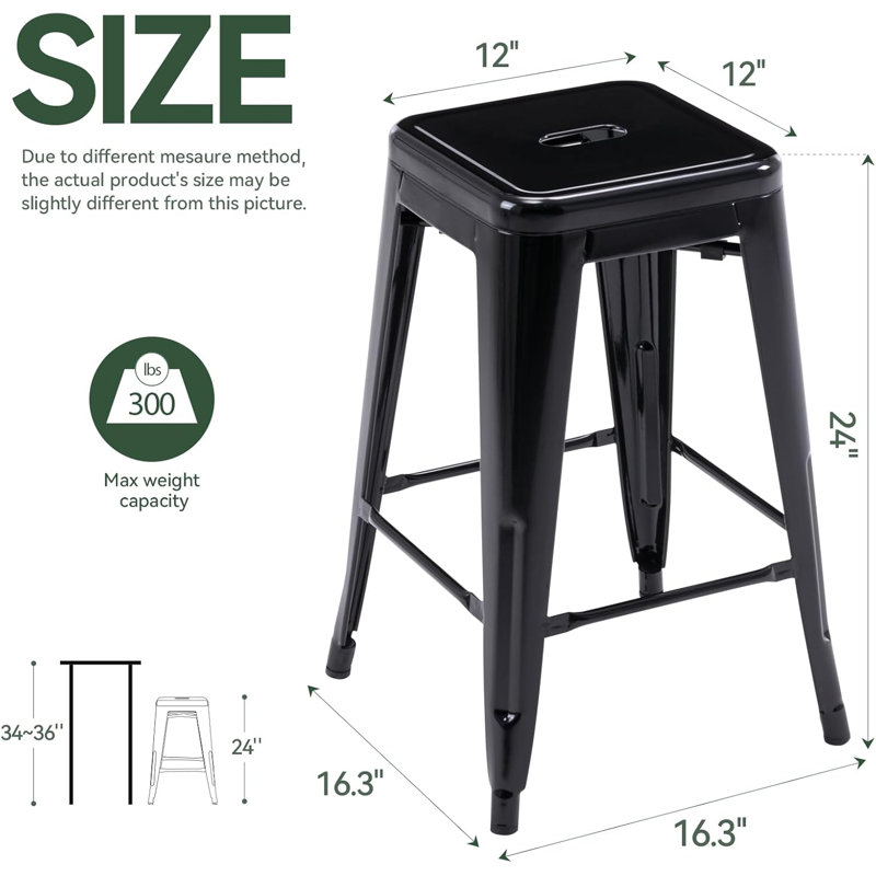 Metal Bar Stools Set of 2, Counter Height Bar Stools 24 Inches Industrial Bar Chairs Patio Stool Indoor-Outdoor Counter Height Stools with Square Seat