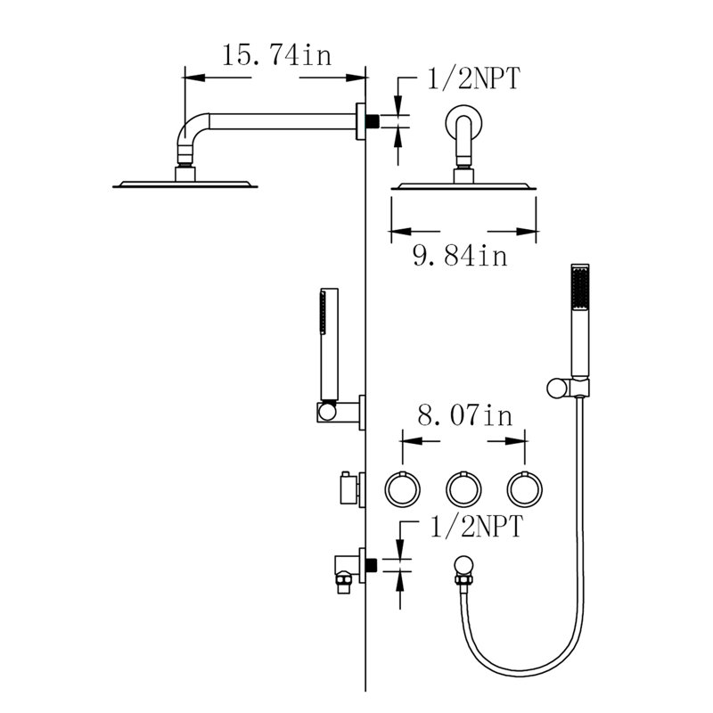 Ensemble de système de douche à pluie 3 boutons croisés, pomme de douche à jet de pluie de 10 pouces avec douchette à main avec valve brute