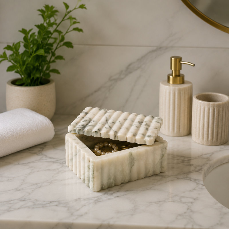 Boîte de rangement en marbre blanc sculpté, Blanc