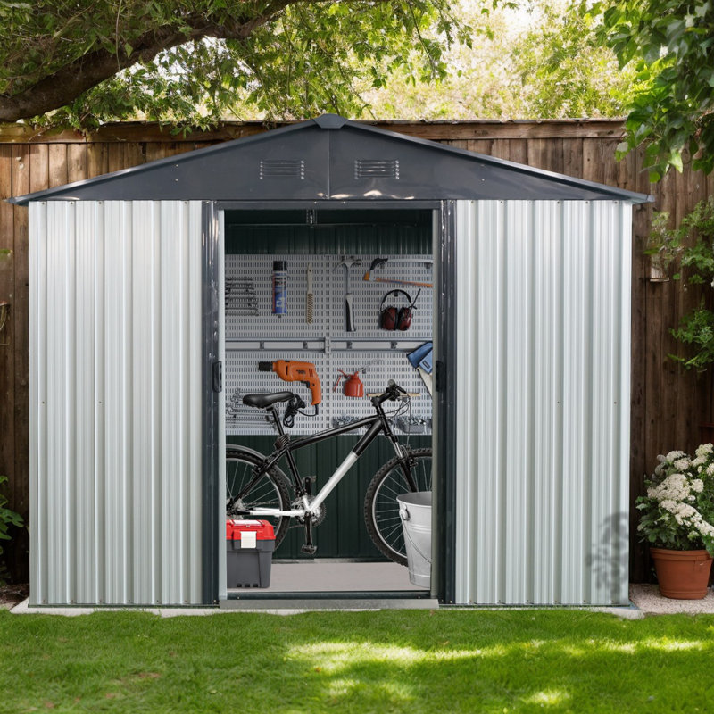 Metal Storage Shed, White/Black Incorrect, 74.75" H x 93" W x 51.75" D