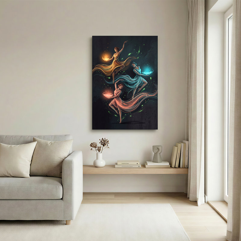 «Three Flowing Gown Dancers with Glowing Bowls», art mural sur toile, 30"H x 20"W