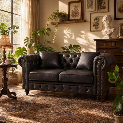 Canapé Chesterfield de 63,5 po au design contemporain, canapé modulaire en tissu Tech pour le salon, capitonné à boutons avec accoudoirs cloutés avec 2 coussins, revêtement rembourré et pieds en bois
