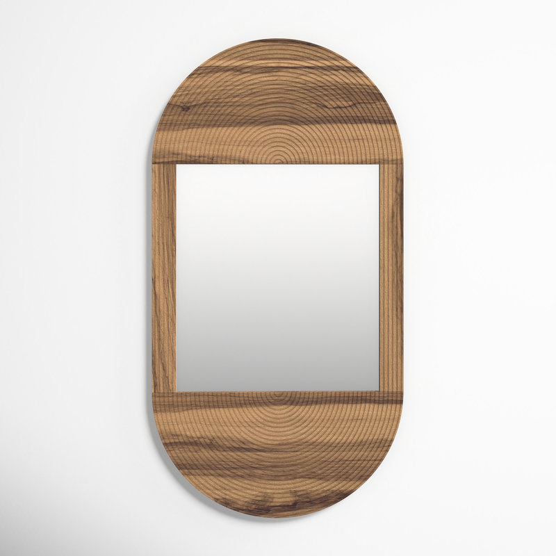 Mirror Mango Wood and Glass Arched Boho Design 34"x18"x1" Brown with Carved Woodgrain Texture for Home Office Bedroom Living Room Wall Decor Vertical Hanging Oval Frame Rustic Finish.