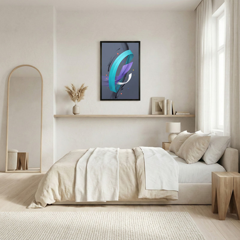 Toile abstraite bleu sarcelle et mauve, tourbillons de ruban sur toile grise, H 18 po x l 12 po
