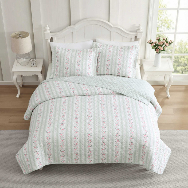 Laura Ashley Rosebud Stripe Green Cotton Reversible Quilt Set, Queen Quilt + 2 Standard Shams