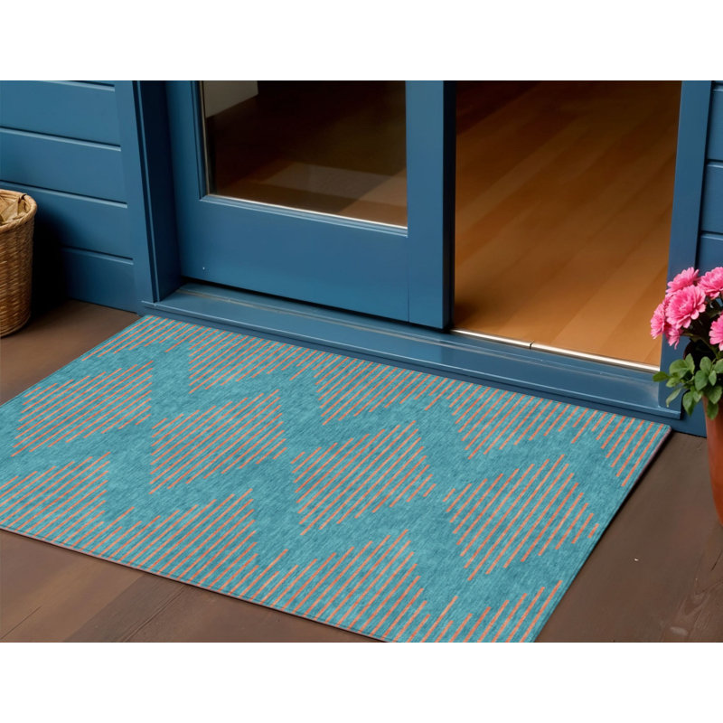 3' X 5' Teal Blue And Pink Geometric Washable Indoor Outdoor Area Rug