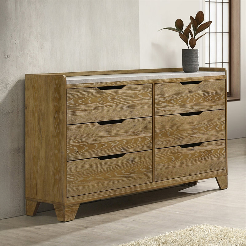 Commode transitionnelle à finition brune avec 6 tiroirs de rangement et meubles de chambre à coucher 1 pièce en bois d'hévéa massif