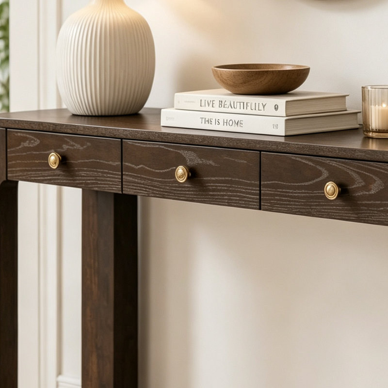 Console rustique avec coins arrondis pour la sécurité, table d'entrée avec 3 tiroirs dissimulés, Espresso
