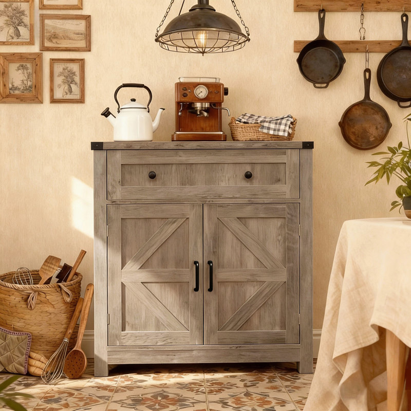Buffet Farmhouse avec porte de grange, buffet de café et tiroir, Light Grey