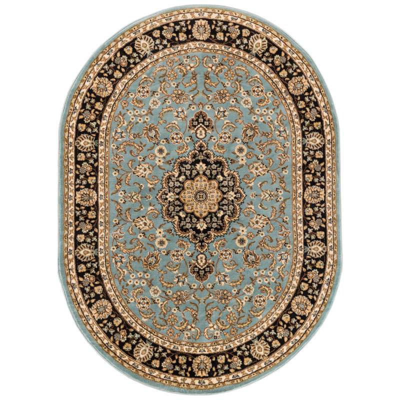 Tapis bleu clair Belliere Medallion Kashan, Ovale 5 pi 3 po x 6 pi 10 po