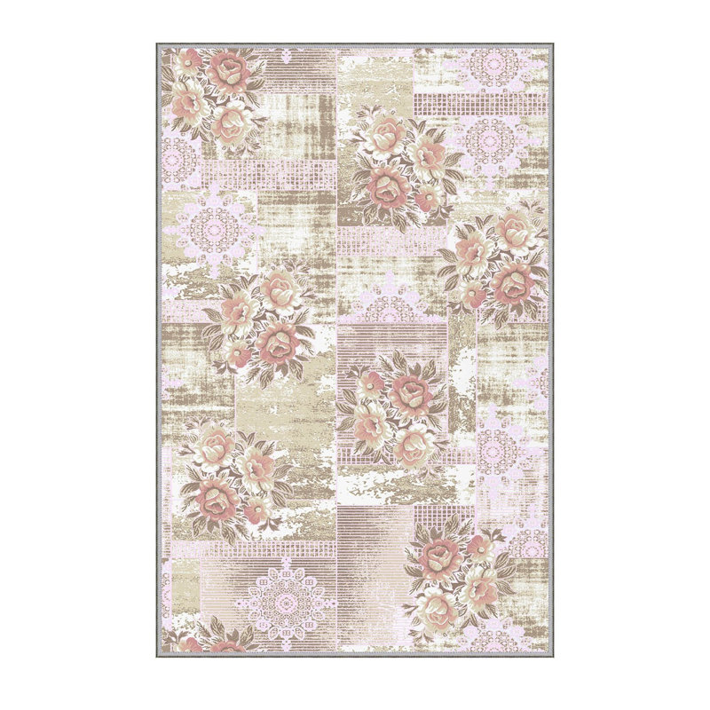 Tapis en polyester rose / vert / gris Rona, Rectangle 3 pi 3 po x 6 pi 7 po