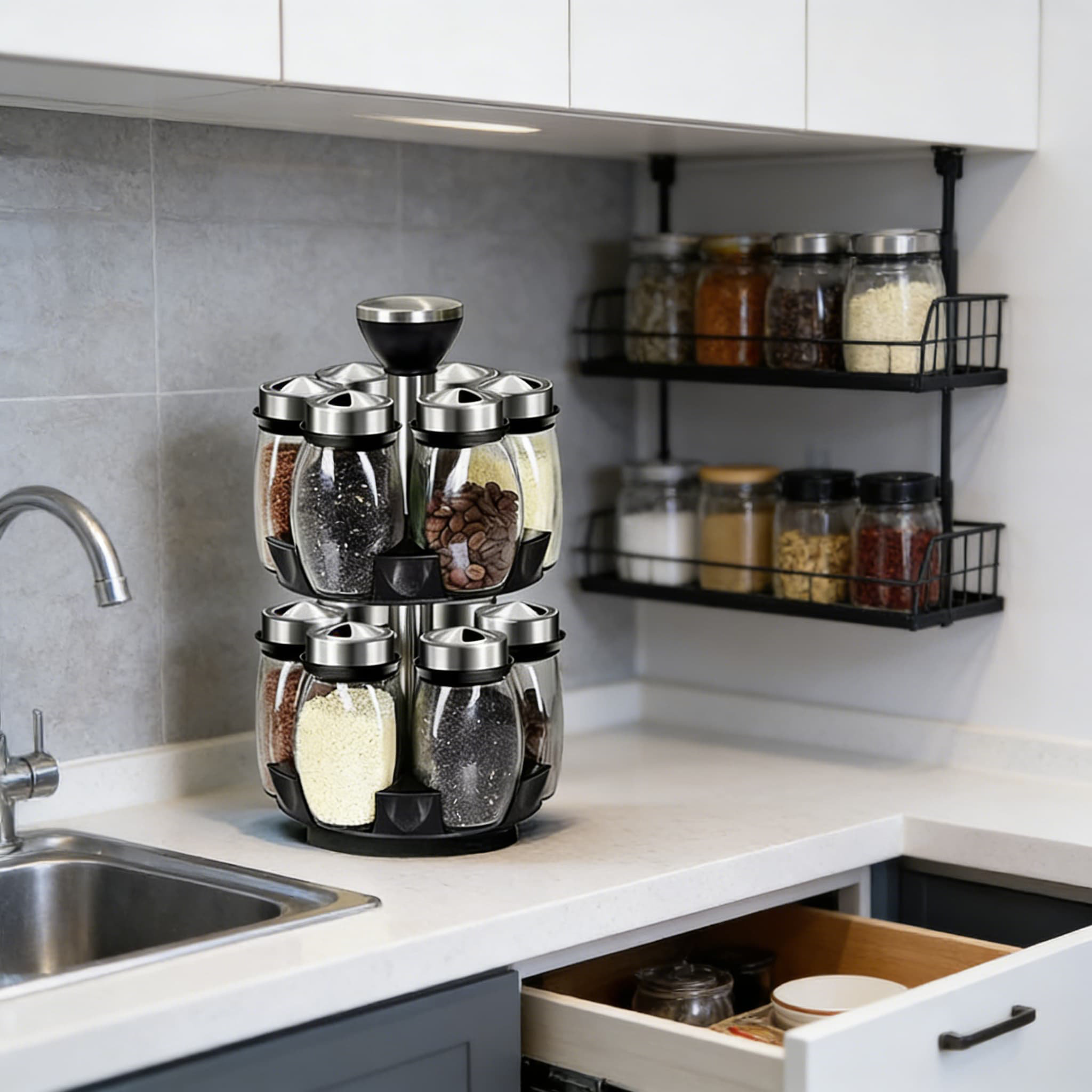Latitude Run® Revolving Spice Rack Organizer With 12 Empty Jars, 360 ...