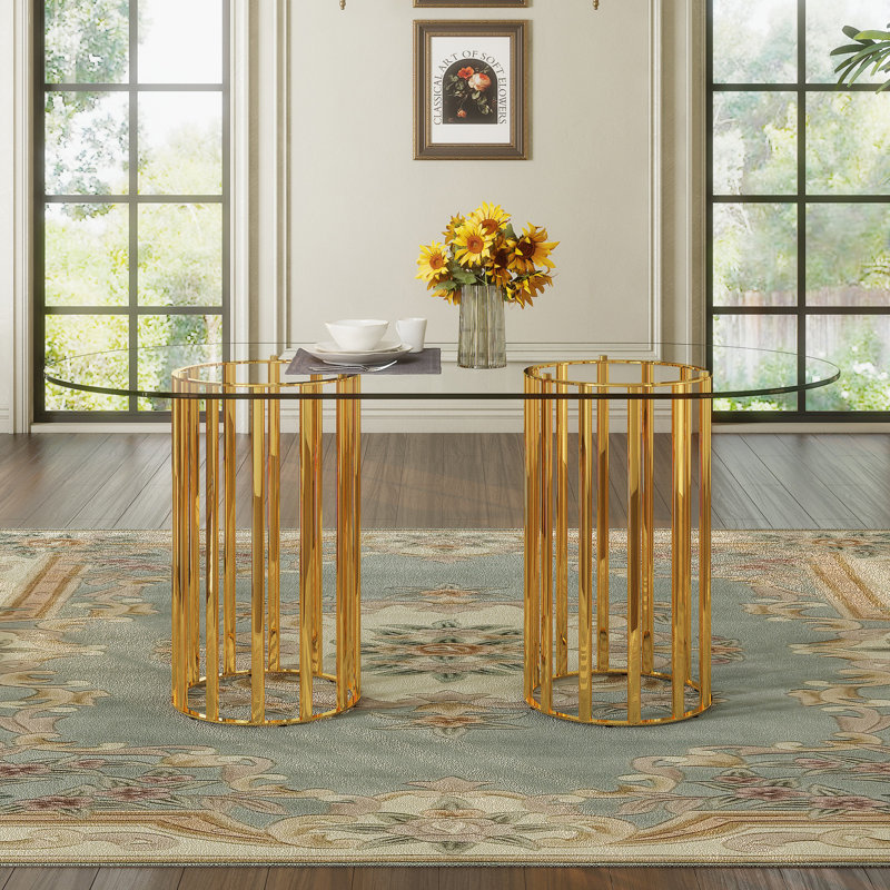 Tables de salle à manger modernes (table seulement, sans chaises, avec plateau et pieds), 71 pouces en verre et métal