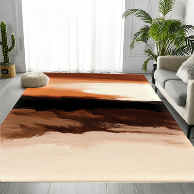 Tapis moderne à motif de coups de pinceau abstrait, ton neutre neutre et chaleureux, tapis doux antidérapant durable et lavable à la machine, décoration intérieure artistique élégante pour le salon, la chambre à coucher, le vestibule, la cuisine, l’appartement