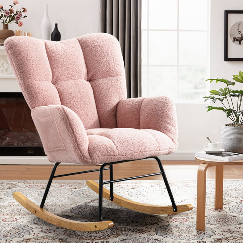 Chaise berçante rembourrée avec dossier haut, Rose