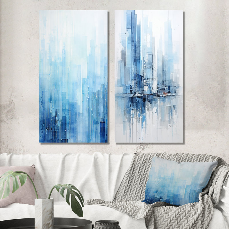 «Azure Ascent Skycrapers Harmony», ensemble d'art mural abstrait sur toile, H 32 po x l 33 po, Toile tendue