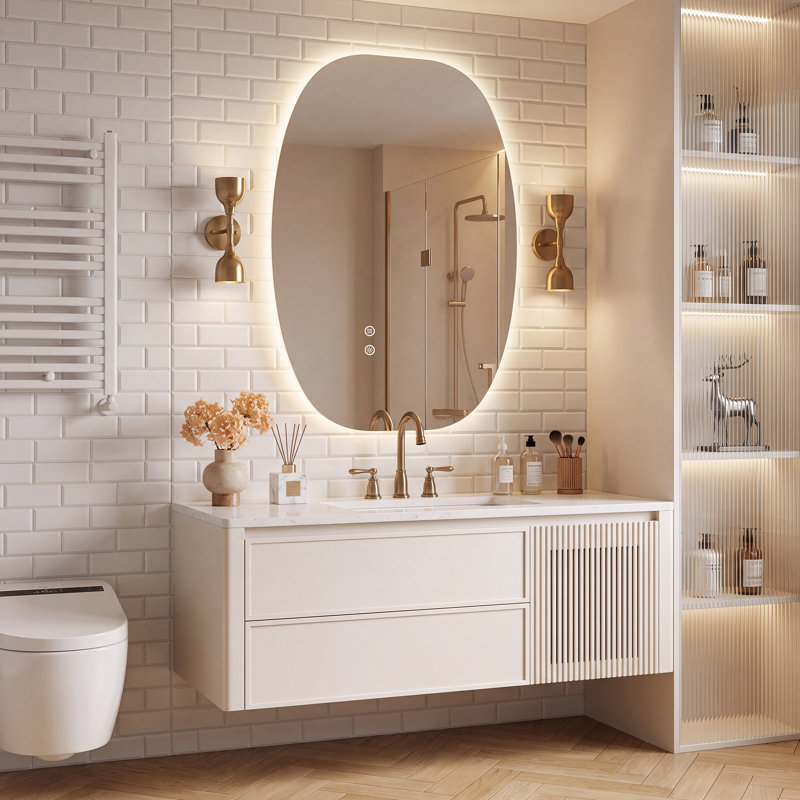 Miroir de salle de bain ovale à DEL rétroéclairé sans cadre avec antibuée, éclairage 3 couleurs, gradation continue, mémoire intelligente, verre trempé, certifié UL / ETL