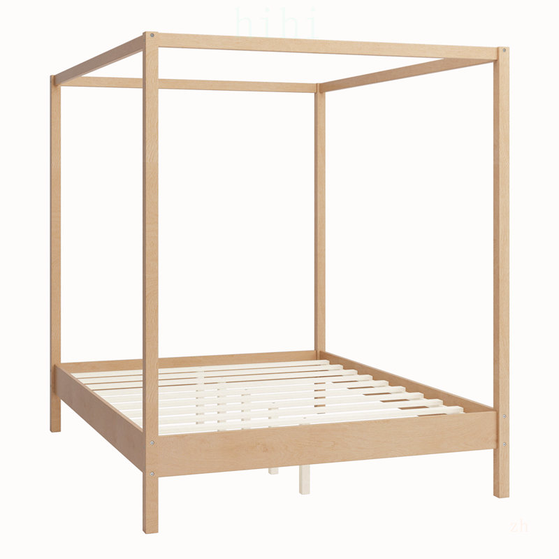 Cadre de lit à baldaquin en bois massif pour lit queen size, avec sommier à lattes, style à colonnes, sans sommier tapissier, durable et élégant.