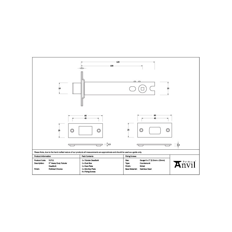 Heavy Duty Tubular Deadbolt, Polished Chrome