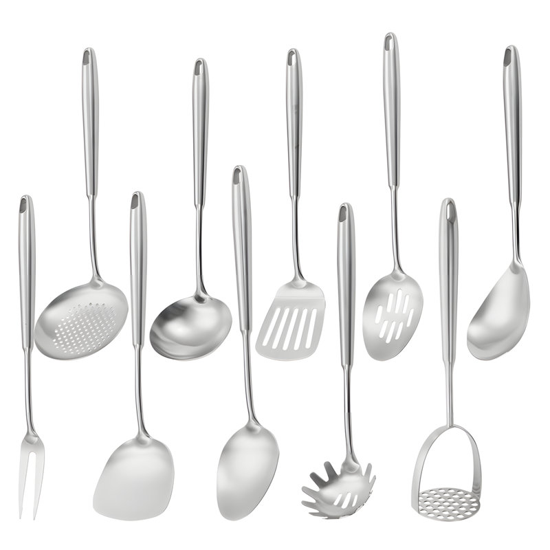 Ensemble d'ustensiles de cuisine 10 pièces en acier inoxydable 304 avec cuillère rainurée, cuillère solide, fourchette, cuillère à pâtes, presse-purée
