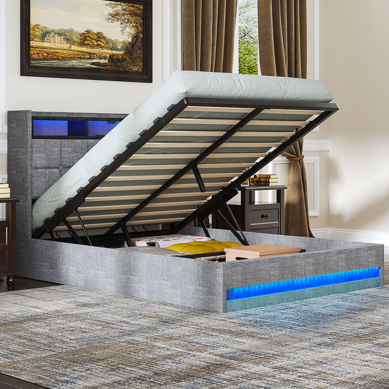 Grey Queen Size Lift Up Storage Bed Frame with LED Lights, USB Charging Ports, Hydraulic Platform, 2-Tier Headboard Shelves