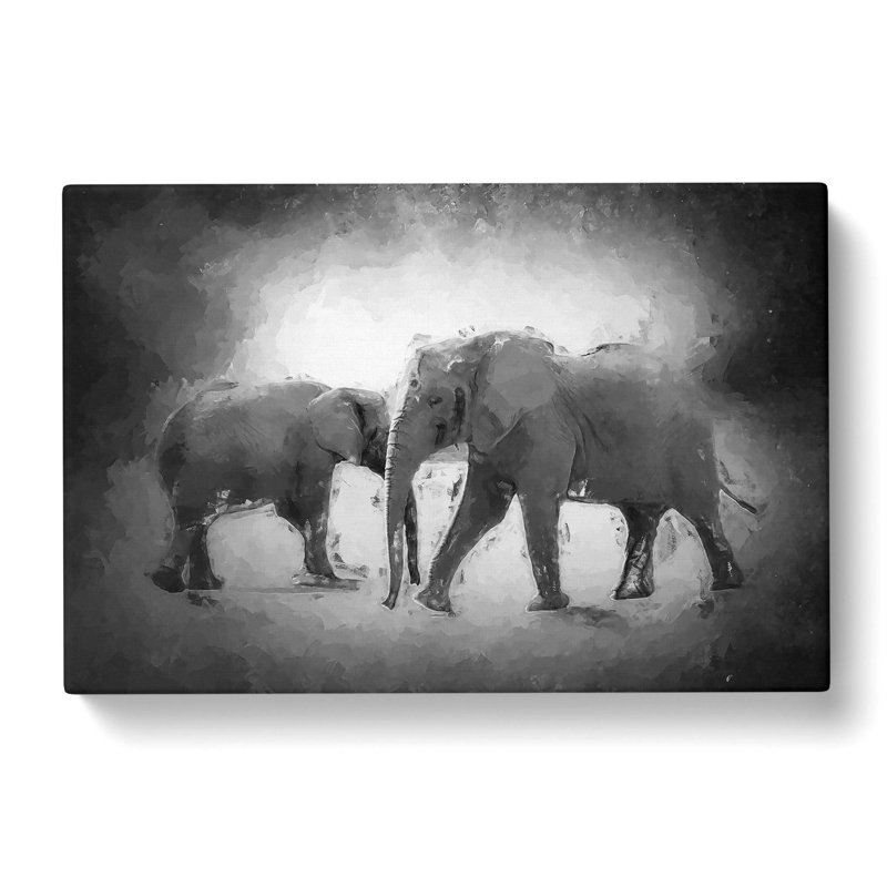 Elephants Crossing Paths In Abstract - Wrapped Canvas Painting, 60cm H x 91cm W x 3cm D
