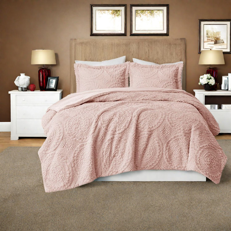 Ensembles de literie de luxe en fausse fourrure, édredon hypoallergénique en polyester rosé avec motif de médaillon brodé pour une décoration intérieure élégante