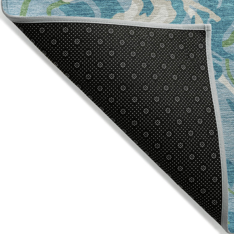 Teal and White Abstract Swirl Washable Synthetic Rug