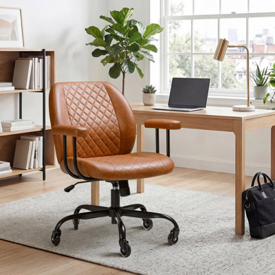 Chaise de bureau ergonomique avec support lombaire, hauteur réglable et dossier inclinable, chaise de bureau pivotante avec accoudoirs, similicuir brun