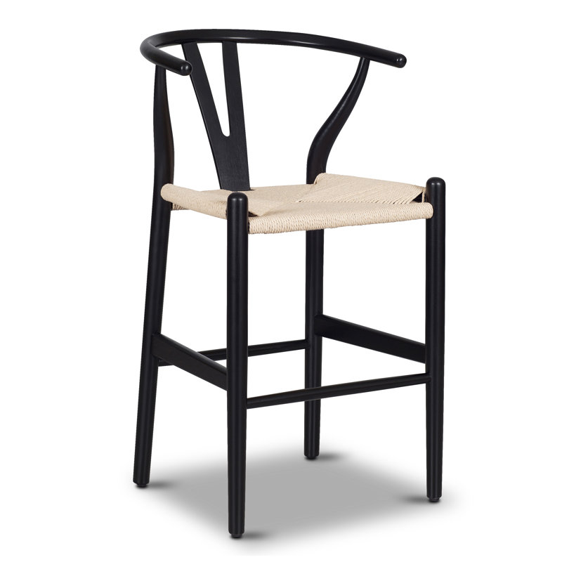  Solid Wood Counter Stool with Weave Seat, Black / Natural