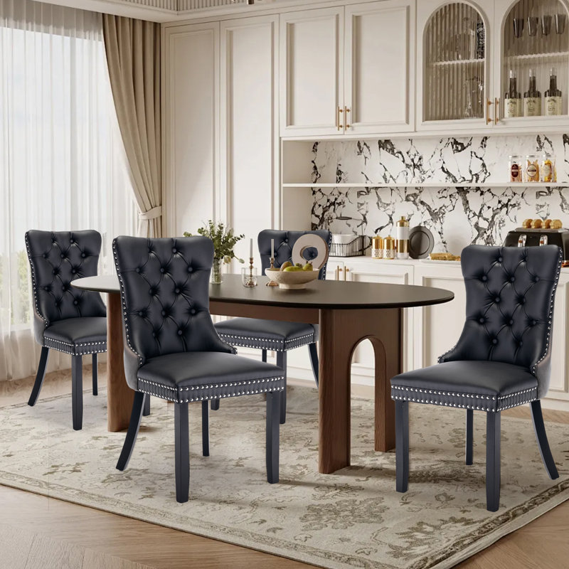  Leather Fabric Upholstered Dining Chairs Set of 4,Black/Gray, Black, Black/Gray