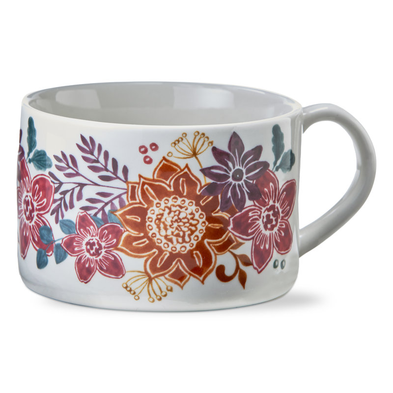 Autumn Bloom Soup Mug Beige Ceramic Fall Harvest 22 Oz