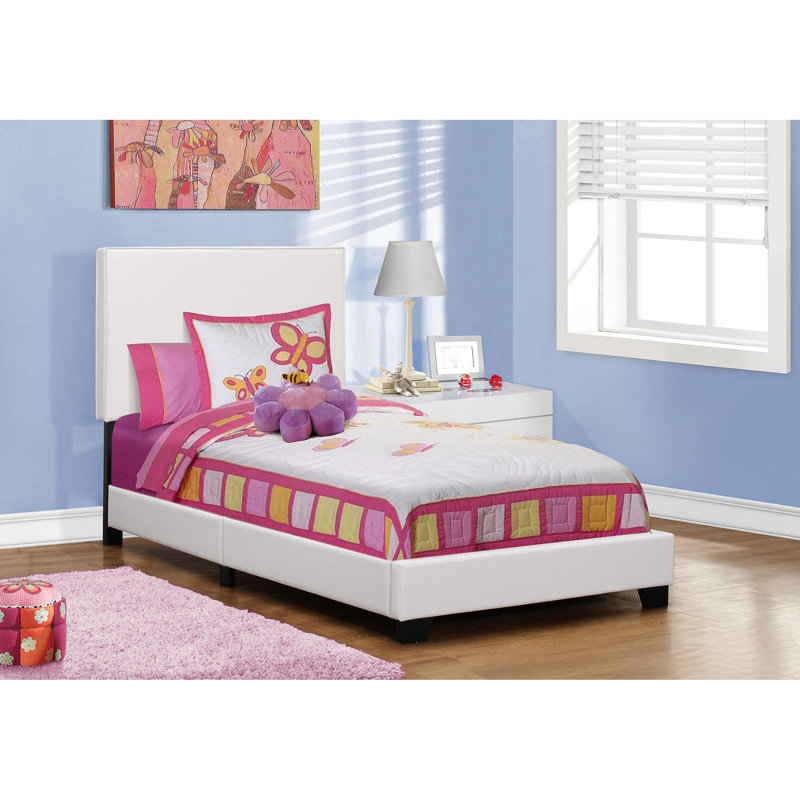 Structure de lit simple tapissier, blanc pour surélever le lit de la chambre à coucher: structure plateforme avec finition semblable au cuir, tête de lit simpliste, profil bas, sommier tapissier et matelas requis