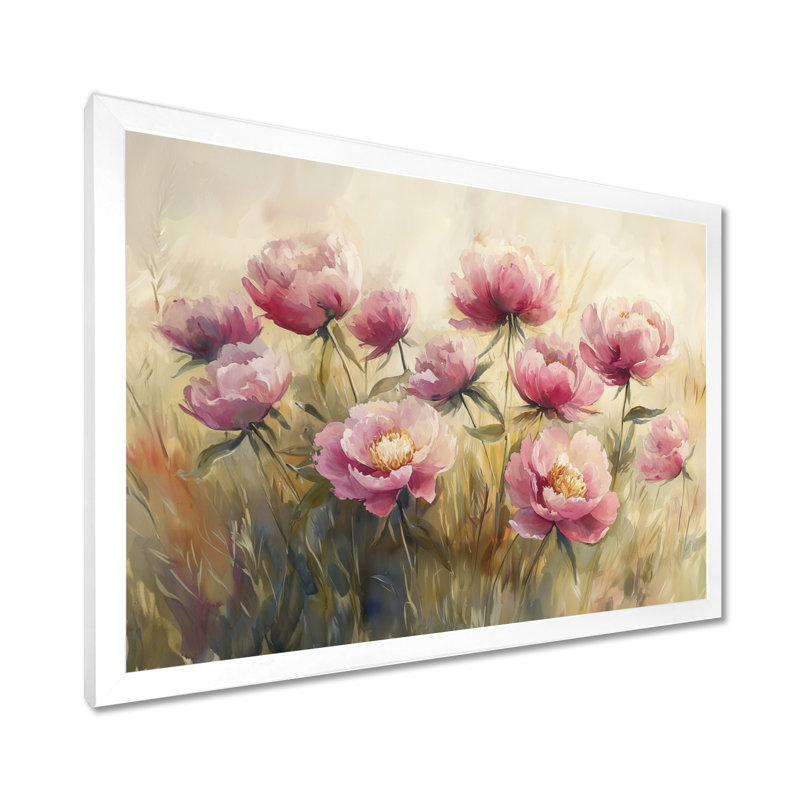Pivoines dans le champ balayé par le vent III - pivoines, art mural, H 16 po x l 32 po, Cadre simple blanc