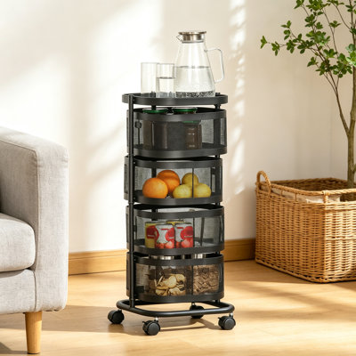 Black 4 Tier Rolling Storage Trolley with 270 Degree Rotatable Mesh Baskets, Steel and PP Plastic Mobile Organiser Cart with Lockable Wheels, No Assembly Required for Multi Room Use