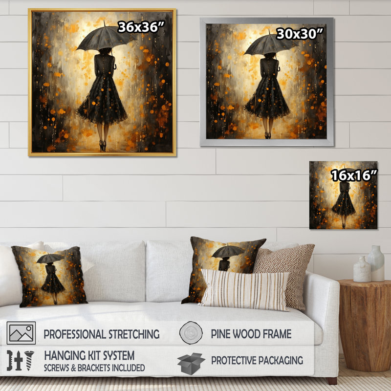 «Fashion Woman with Umbrella III», reproduction sur toile, Cadre simple noir, H 16 po x l 16 po x P 1 po