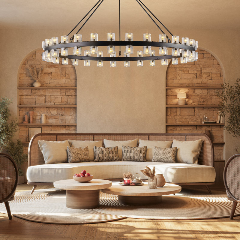 Wagon Wheel Chandelier With Crystal Shade, Matte Black, 48 Lights