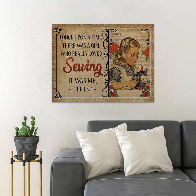 Une fille à coudre - Il était une fois une fille qui aimait vraiment coudre - Reproduction d'art graphique rectangulaire sur toile tendue 1 pièce