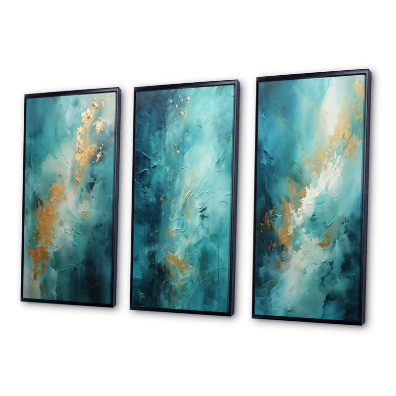 «Turquoise Tranquility», 3 pièces sur toile, H 20 po x l 36 po, Cadre noir