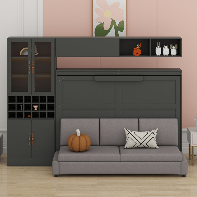 Lit escamotable mural avec canapé, tablettes USB et lumière Murphy, Gris