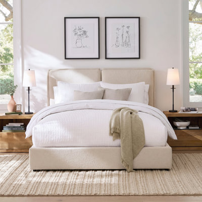 Eryx Modern Upholstered Platform Bed with Double-Pillow Headboard and Heavy-Duty Wood Slat Support