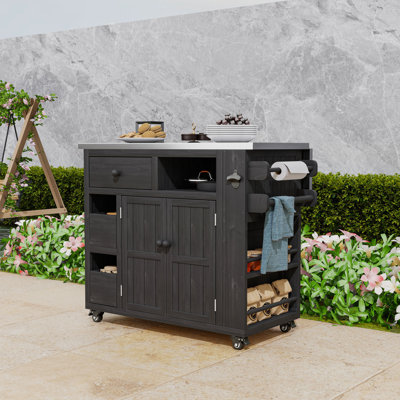 Fir Wood Outdoor Kitchen Cart with Extendable Stainless Steel Top, Ample Storage and Lockable Wheels