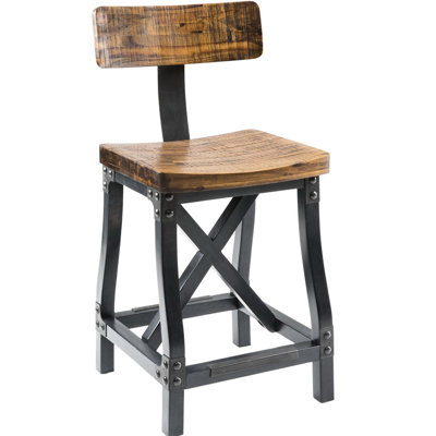 Tabouret de comptoir de style industriel avec dossier - structure en bois franc, supports en métal, siège de H 24,5 po, l 17,5 po x P 17 po, H 38,5 po, P 21,41 po, bois massif, outils d'assemblage fournis, siège de couleur ambre