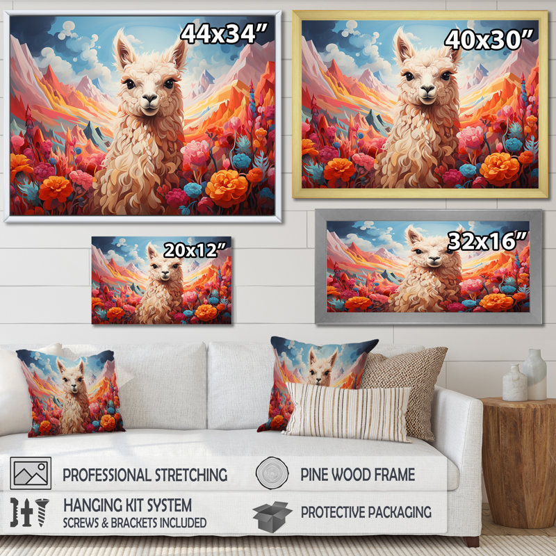 Enchanting Alpaca Valley - Alpaca, art mural, H 34 po x l 44 po x P 1,5 po, Cadre de coin argenté fermé